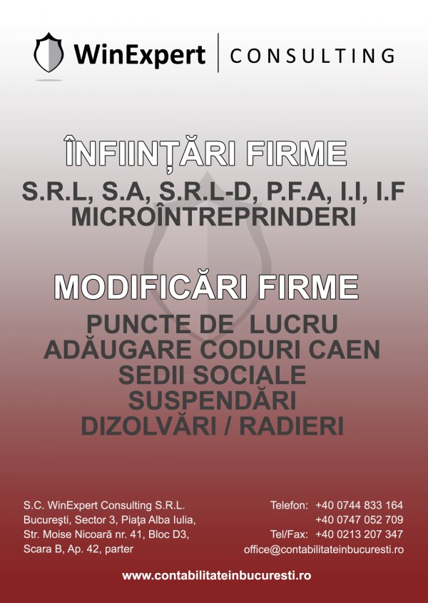 Infiintari firme Bucuresti, SRL, SA, PFA, II 0724960899